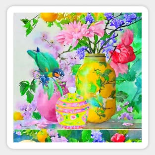 Green parrot and yellow chinoiserie jars watercolor Sticker